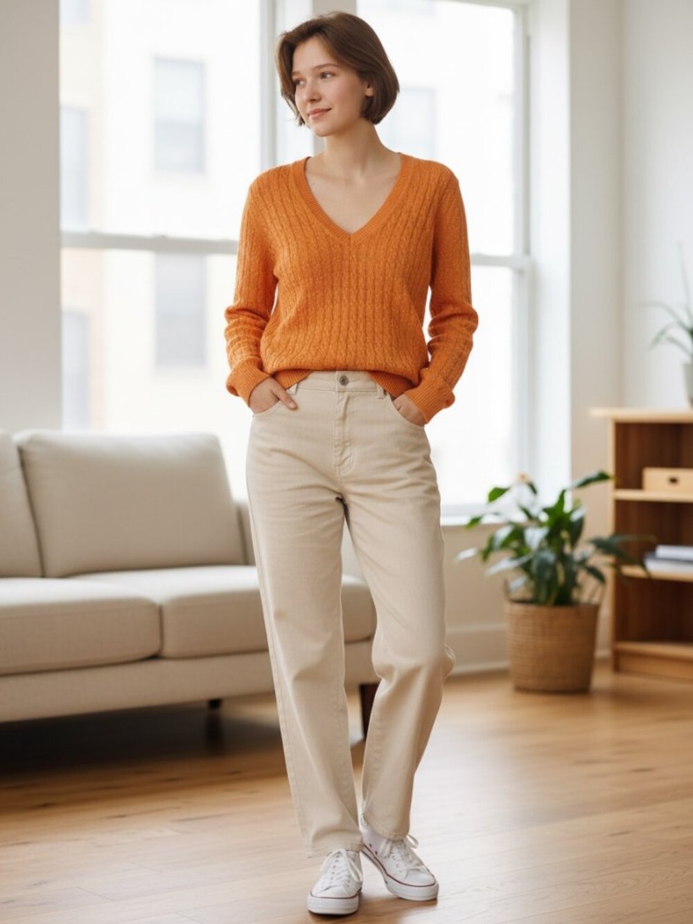 Talbots Pima Cotton Cable Knit V-Neck Sweater Orange Women’s Medium